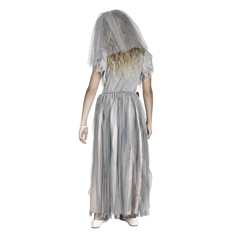 Zombie Bride Costume for Kids, Grey Gown and Veil