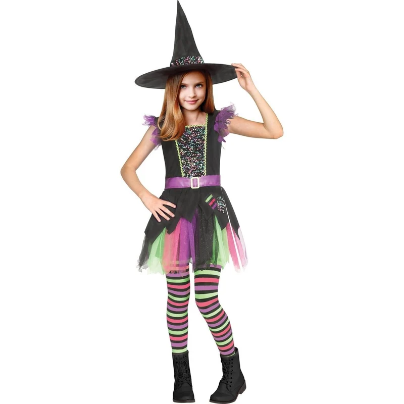 Rainbow Witch Costume for Kids, Dress, Tights and Hat