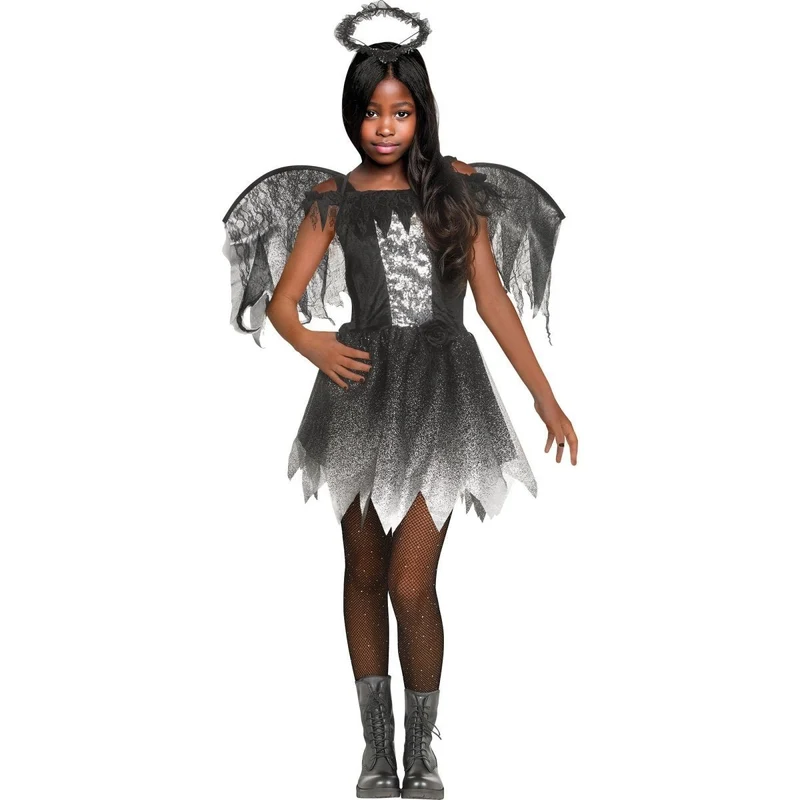Dark Sparkle Angel Costume for Kids, Black Dress, Halo and Wings