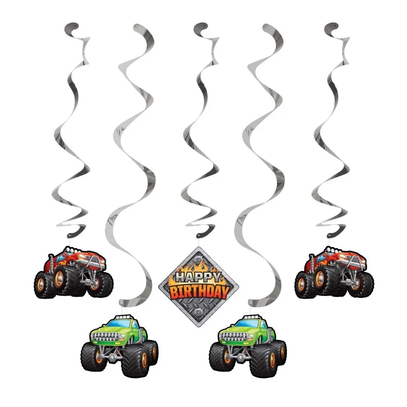 Monster Truck Rally Birthday Spiral Decoration Kit, 5 Count