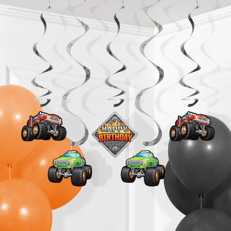 Monster Truck Rally Birthday Spiral Decoration Kit, 5 Count