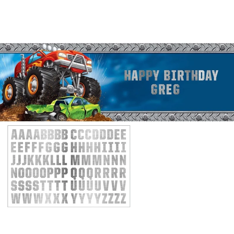 Monster Truck Rally Birthday Giant Customizable Banner with Stickers, 1 Count