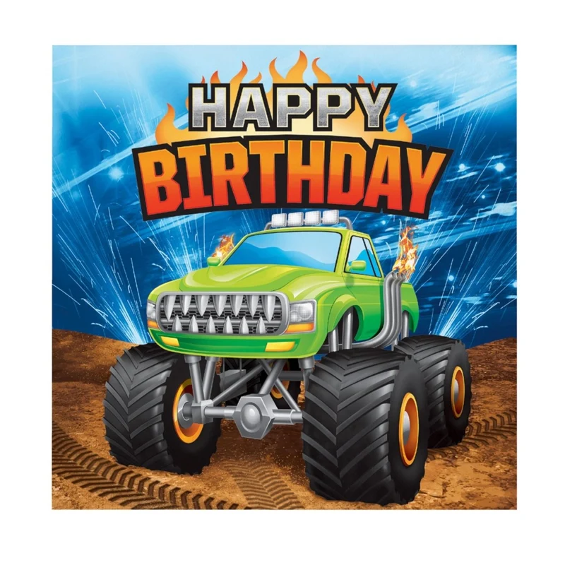 Monster Truck Rally Happy Birthday Large Lunch Napkins, 16 Count