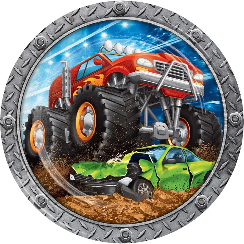 Monster Truck Rally Birthday Large Round Lunch Paper Plates, 9 Inches, 8 Count