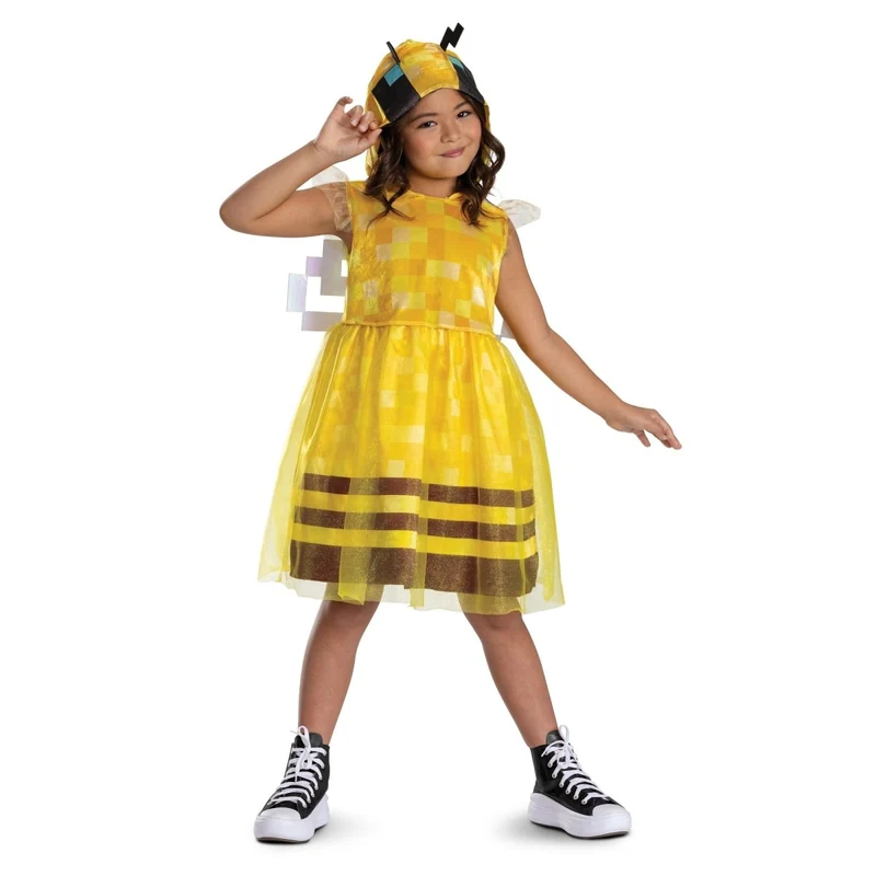 Bee Girl Dress Costume for Kids, Minecraft, Hooded Dress with Wings