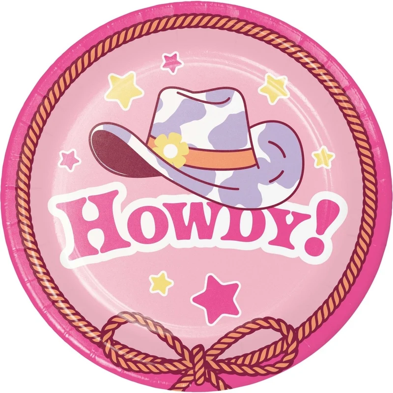 Boots and Bows Birthday Small Round Dessert Paper Plates, 7 Inches, 8 Count
