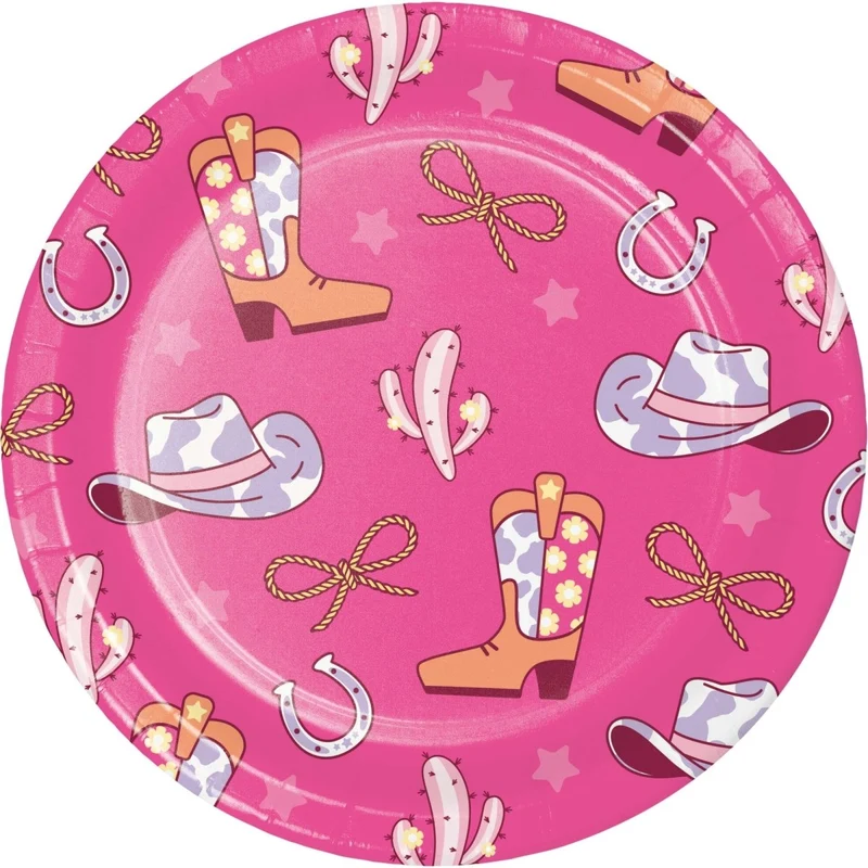 Boots and Bows Birthday Large Round Lunch Paper Plates, 9 Inches, 8 Count